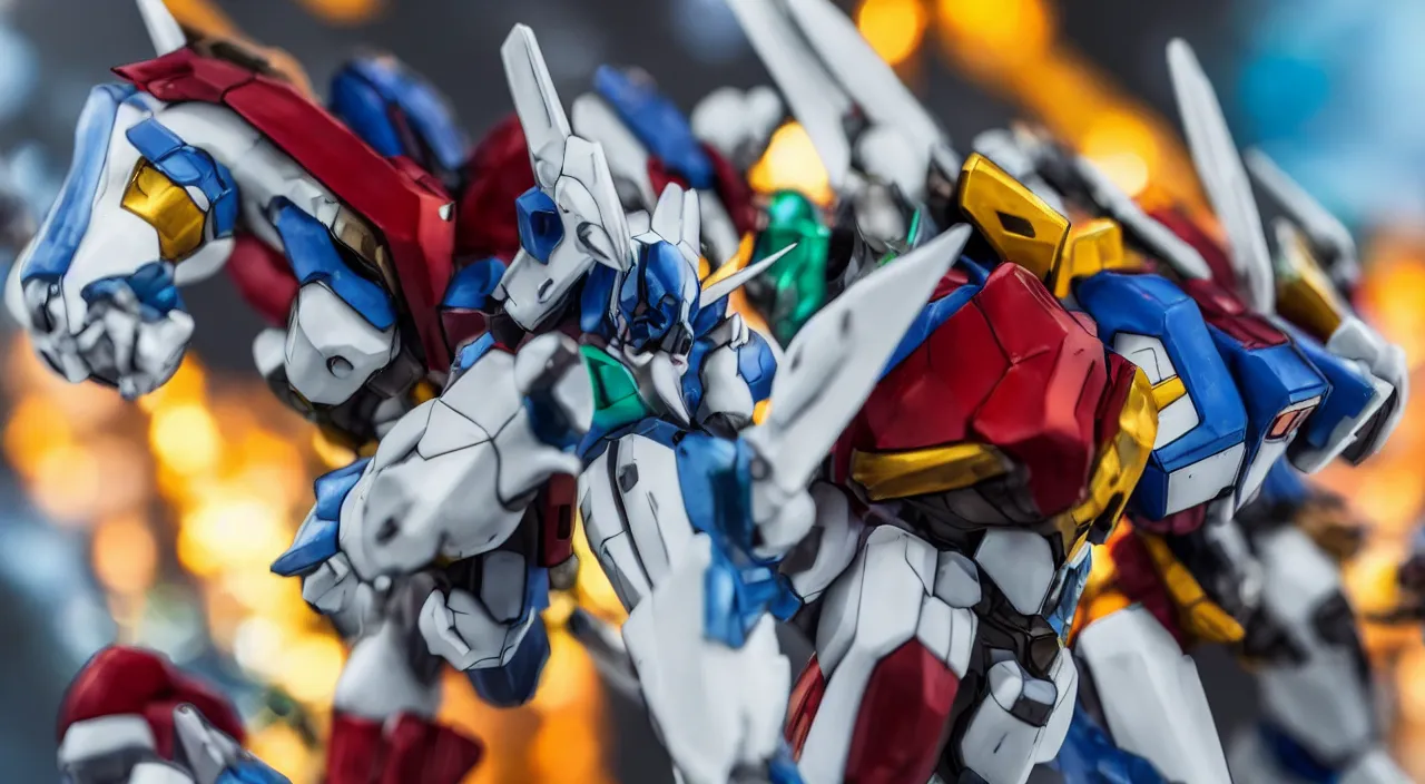 Image similar to medium close up view, Gundam,Guyver,colourful,bokeh,blur,cinematic lighting