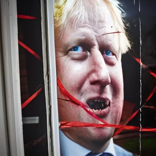 Image similar to a photo taken from the inside of an old house showing window blinds being pulled back to reveal a terrifying boris johnson with his face pressed against the window, boris ’ hand placed on the window, horrifying grin. horror, raining, night time