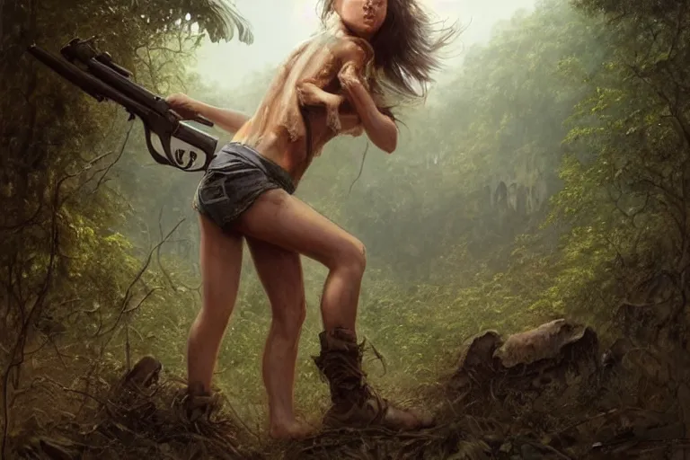 Image similar to artstation concept of a beautiful adventurous girl holding a .45 revolver, sweaty skin, symmetrical face, high body detail, ripped up field fatigues, torn off shirt, jungle background with ruins, vines, hyperdetailed, artstation trending, world renowned artists, worth1000.com, cgsociety, by greg rutkowski, by Gustave Doré, by Marco Turini, by Artgerm, Deviantart in the style of Tom Bagshaw, Cedric Peyravernay, Peter Mohrbacher