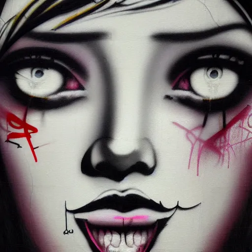 Prompt: beautiful female graffity, close up face, by Banksy, trending on Artstation