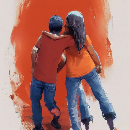 Image similar to man in orange t - shirt hugging from behind girl, vivid colors, character sheet, fine details, concept design, contrast, kim jung gi, greg rutkowski, trending on artstation, 8 k, full body, turnaround, front view, back view, ultra wide angle