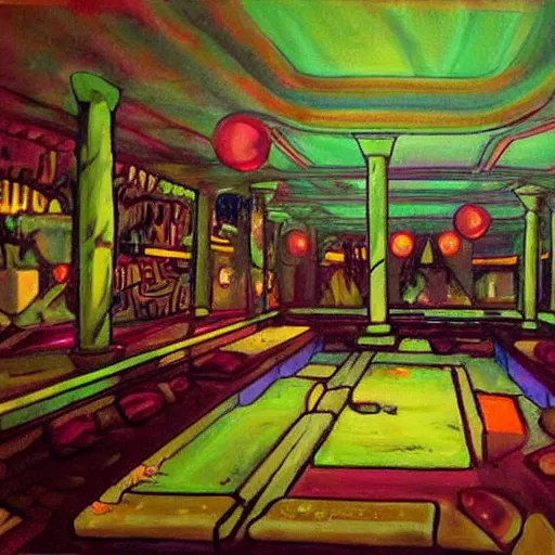 Prompt: a painting of the lost nightclub of Atlantic. An underwater dance floor.