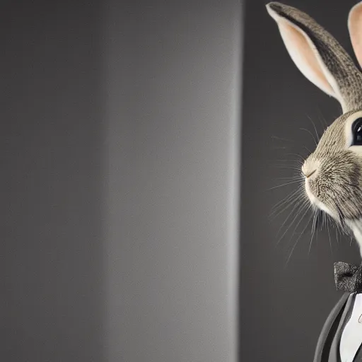 Image similar to a rabbit wearing a peak lapel suit, chiaroscuro, medium shot, cinematic promo material