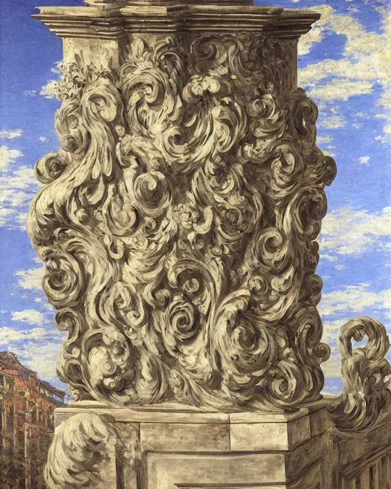 Image similar to achingly beautiful painting of intricate ancient roman corinthian capital on sapphire background by rene magritte, monet, and turner. giovanni battista piranesi.