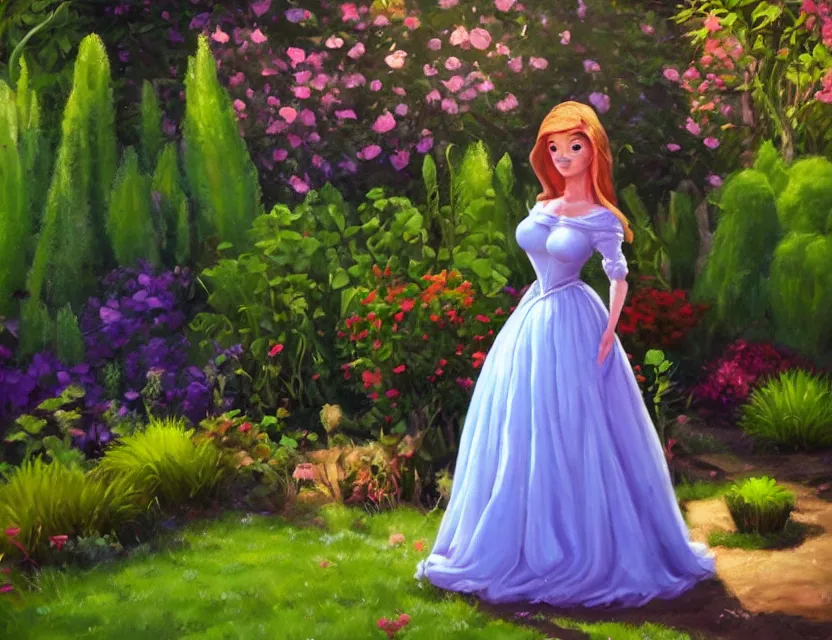 Prompt: ugly unattractive princess in the garden. oil painting by award - winning comic artist. backlighting, chiaroscuro, depth of field, luminescent colors.