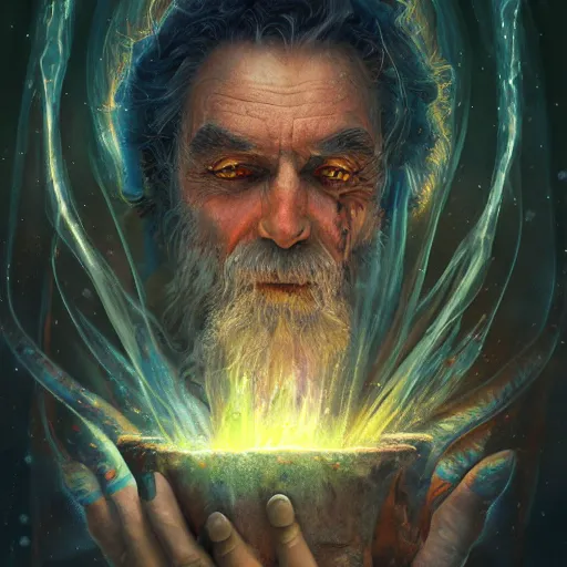 Prompt: old wizard summoning a geyser of psychedelic energy from the ground, hyper - detailed, cgsociety, 8 k, high resolution, in the style of charlie bowater, tom bagshaw, norman rockwell, gerald brom, adam hugh