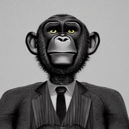 Prompt: Portrait of a film noir anthropomorphic chimp detective wearing a suit and sitting in an office chair, intricate, elegant, highly detailed, smooth, sharp focus, detailed face, high contrast, dramatic lighting, graphic novel, art by Michael Choi,