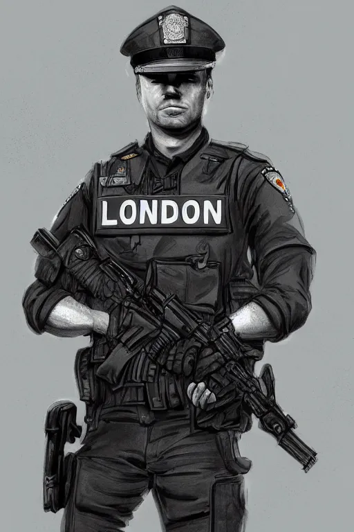 Image similar to london police officer heroically posing, highly detailed, digital art, sharp focus, trending on art station