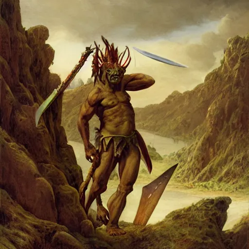 Image similar to matte painting, realistic art, dog - faced muscular goblin, ugly face, lizard tail, holding scimitar made of bone, scimitar, sword, jagged sword, curved sword, orkish sword, colorized, green skin, red sky, wasteland, hyper - detailed, primeval fantasy, prehistoric fantasy, art by jacques - louis david