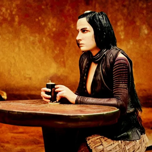 Image similar to wrenga jixton sitting at a table in a bar on tatooine, movie still, human with long black hair and a black leather vest