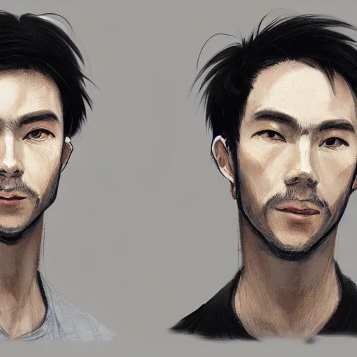 Image similar to Anime portrait of a man by Mahiro Maeda, he is about 30 years old, short black hair with bangs, his features are a mix between French, Turkish and Russian and he is wearing a beige and black utility jumpsuit, highly detailed portrait, digital painting, artstation, concept art, smooth, sharp foccus ilustration, Artstation HQ