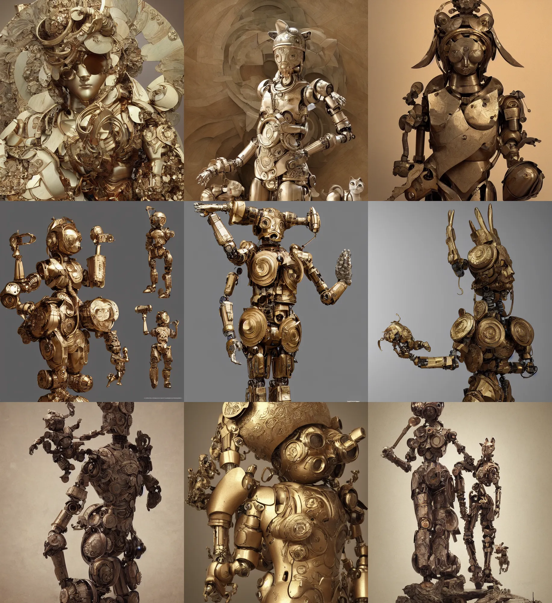 Prompt: 3 d octane render ultra 8 k photorealistic hyper detailed, trending on cgsociety, in a contemporary art gallery, lossless quality, wooden sculpture on feet art toys, a very cute mystical statue robot of the roman god natural with cats ears, by alphonse mucha