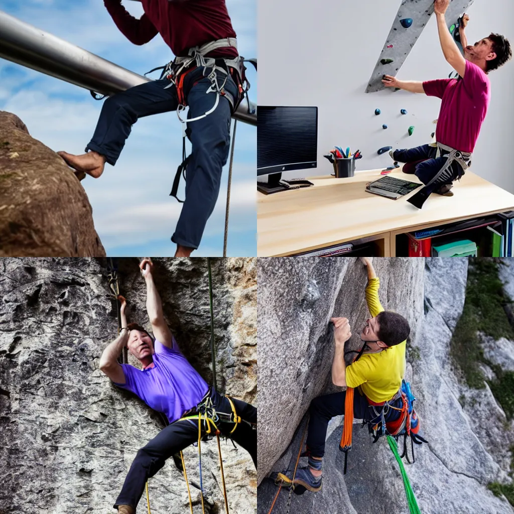 Prompt: A man with climbing gear climbs a desk like a mountaineer