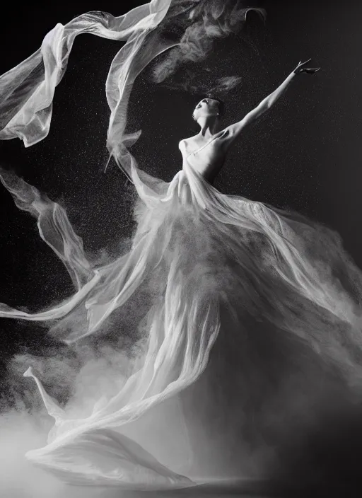 Image similar to a photorealistic dramatic hyperrealistic render of a glamorous beautiful female smoke dancer by ken brower and deborah ory of nyc dance project, lois greenfield, flowing cloth and smoke, beautiful dynamic dramatic dark moody lighting, volumetric, shadows, cinematic atmosphere, octane render, 8 k