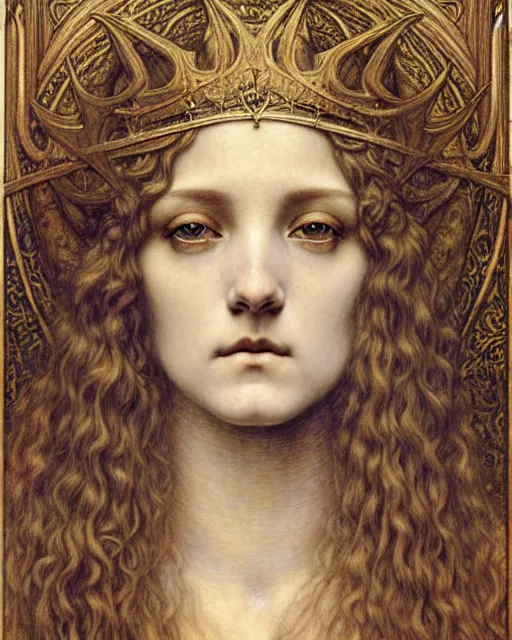 Image similar to detailed realistic beautiful young medieval queen face portrait by jean delville, gustave dore and marco mazzoni, art nouveau, symbolist, visionary, gothic, pre - raphaelite. horizontal symmetry