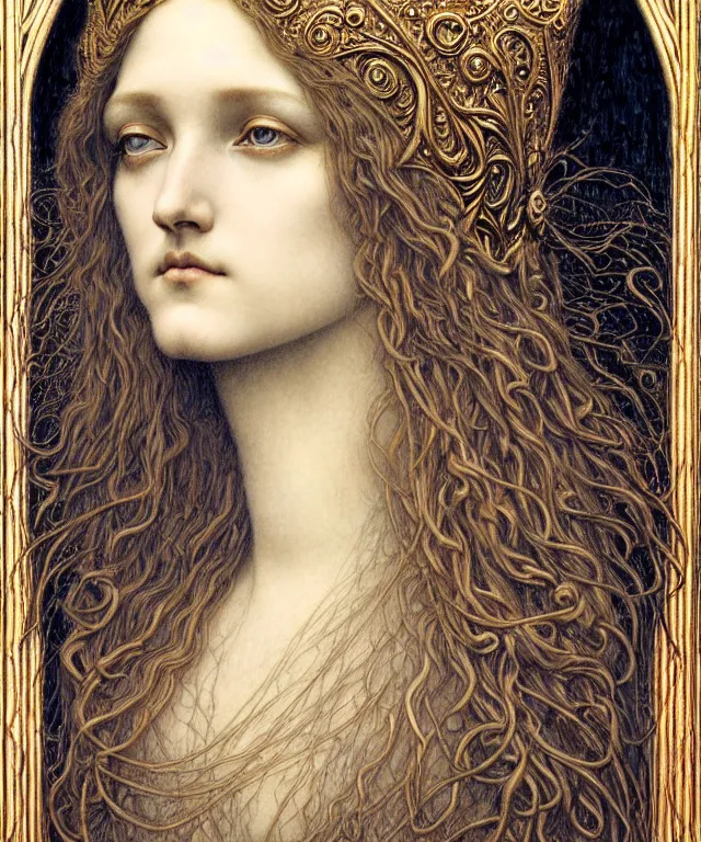 Image similar to detailed realistic beautiful young medieval queen face portrait by jean delville, gustave dore and marco mazzoni, art nouveau, symbolist, visionary, gothic, pre - raphaelite. horizontal symmetry