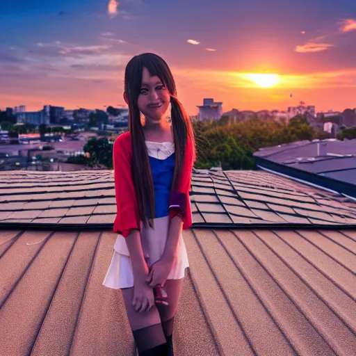 Prompt: cute anime girl on school roof at sunset