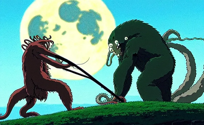 Image similar to a still from a studio ghibli movie of a cartoon cthulhu slicing open king kong from princess mononoke ( 1 9 9 7 ), in front of a pale full moon, full body, wide shot, very dull muted colors, studio ghibli, highly detailed, deviantart, art by artgem