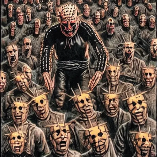 Prompt: Hellraiser cenobites in a metal band playing in front of a large crowd of nerds,