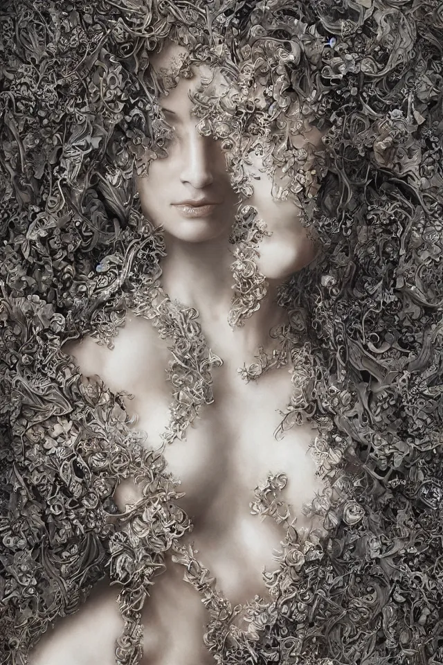 Image similar to a sculpture made of vine, bust, single portrait, lady, future, fashion, harper's bazaar, vogue, magazine, insanely detailed and intricate, concept art, ornate, luxury, elite, elegant, trending on artstation, by Ruan Jia, Kenneth Willardt, Ross Tran, WLOP, Andrei Riabovitchev.