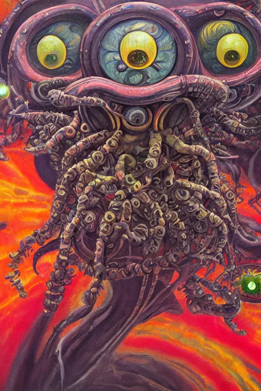 Image similar to oil painting, close-up, hight detailed, creature with six eyes and tubes with flowers everywhere at red planet, in style of 80s sci-fi art, neodada