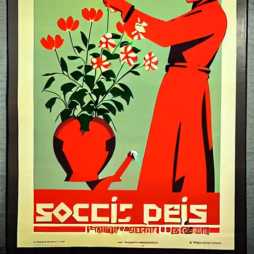 Prompt: soviet propaganda poster of phrase'tend to the flowers ', socialist realism