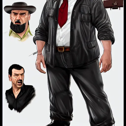 Image similar to a midage italian male, beardless, bald, short black hair with gel, overweight, fine white shirt, leather belt, black pants, leather shoes, smoking a cigar, full body, gta v style, concept art, highly detailed, hyper realistic, unreal engine