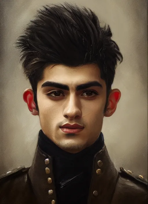 Prompt: head and shoulders portrait painting of young man who looks like zayn malik as an elf by jeremy mann, wearing leather napoleonic military style jacket, only one head single portrait, pointy ears, black background, soft top lighting, dark and moody, shadowed, contrast