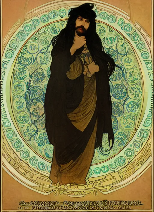 Image similar to portrait of an unkle blue moon with long black hair and beard, by alphonse mucha