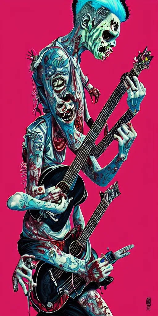 Prompt: a zombie punk rocker with a mohawk holding an acoustic guitar, tristan eaton, victo ngai, artgerm, rhads, ross draws