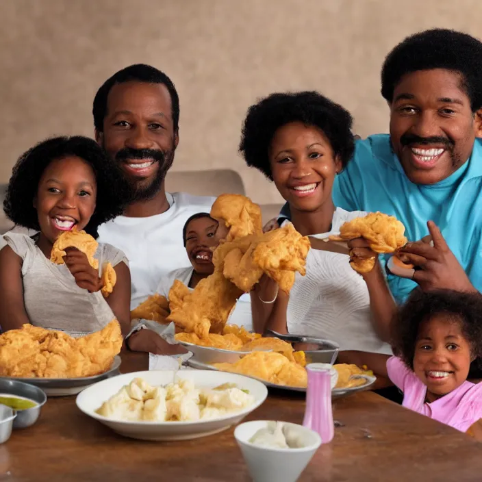 Prompt: African American family in 1979 with two daughters and a son eating chicken, mash potatoes, and rolls for dinner. 3d version style