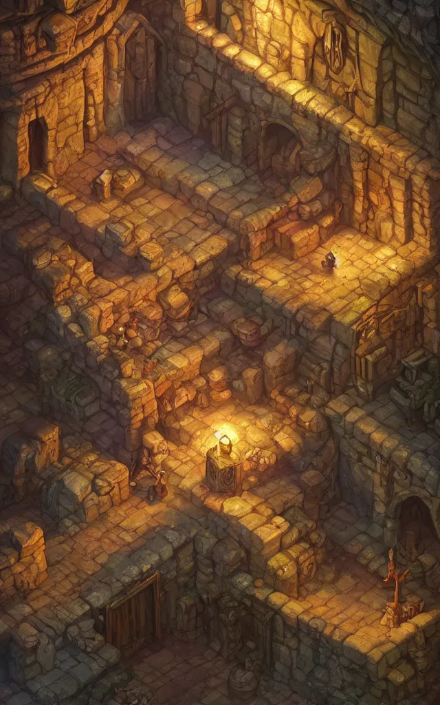 Image similar to a digital painting of an isometric fantasy medieval dungeon by justin gerard, paul bonner, highly detailed, volumetric lighting, digital art, isometric, artstation hd