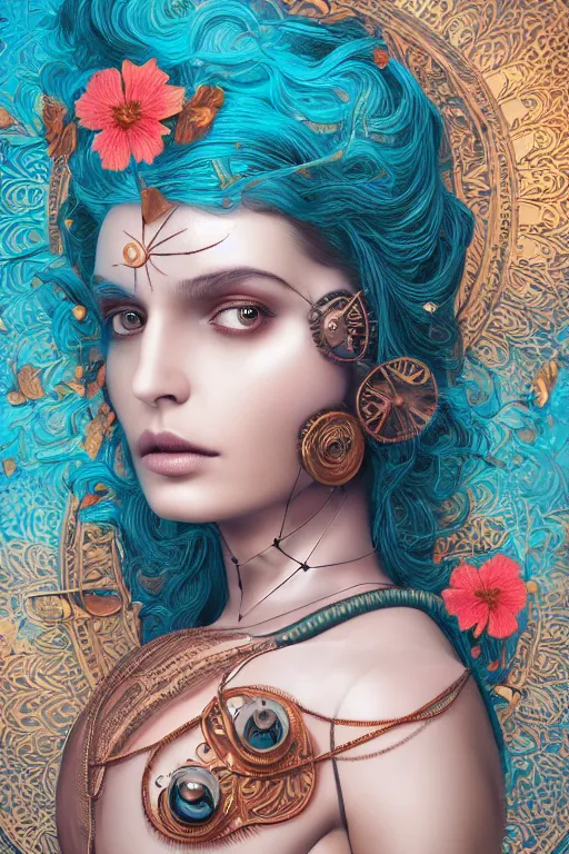 Image similar to a beautiful intricate fine art portrait photo of an indian cyborg with bionic implants, epic wavy hair spread out around her lined with white hibiscus, lying on a mandala, by natalie shau and james christensen, masterpiece!, turquoise blue face, mechanical robot body, top view, studio lighting, golden ratio composition, 3 5 mm lens, deep depth of field, artstation, 8 k