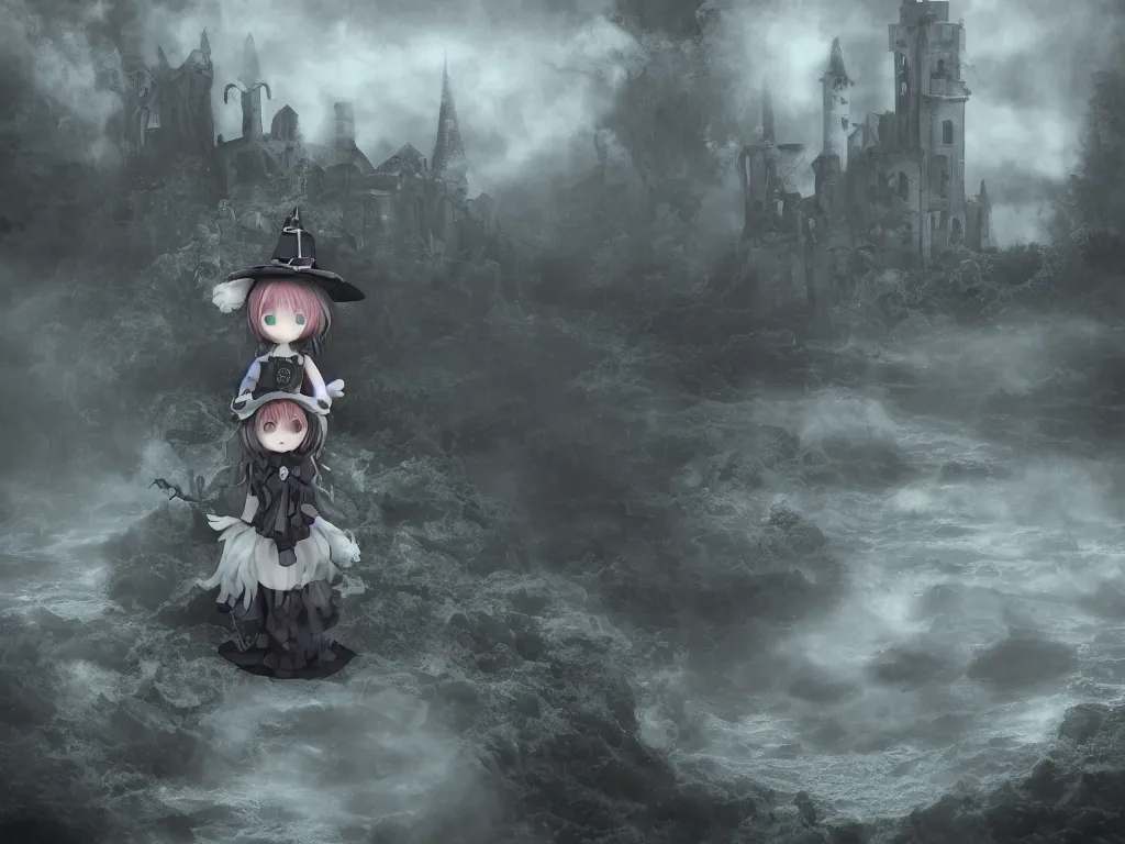 Prompt: cute fumo plush girl witch on a tiny island of concrete brutalist eldritch ruins surrounded by murky river water, dark cursed otherworldly chibi gothic horror wraith maiden, lost in the milky void, hazy heavy magical glowing swirling murky volumetric fog and smoke, moonglow, lens flare, vray