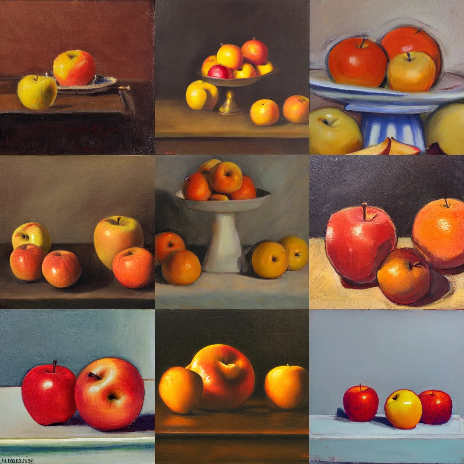 Prompt: apples and oranges, still life