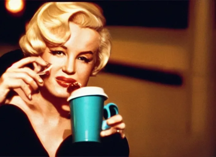 Image similar to A close-up, color cinema film still of a marlin monroe drinking coffee at a starbucks, ambient lighting at night, from Matrix(1999).