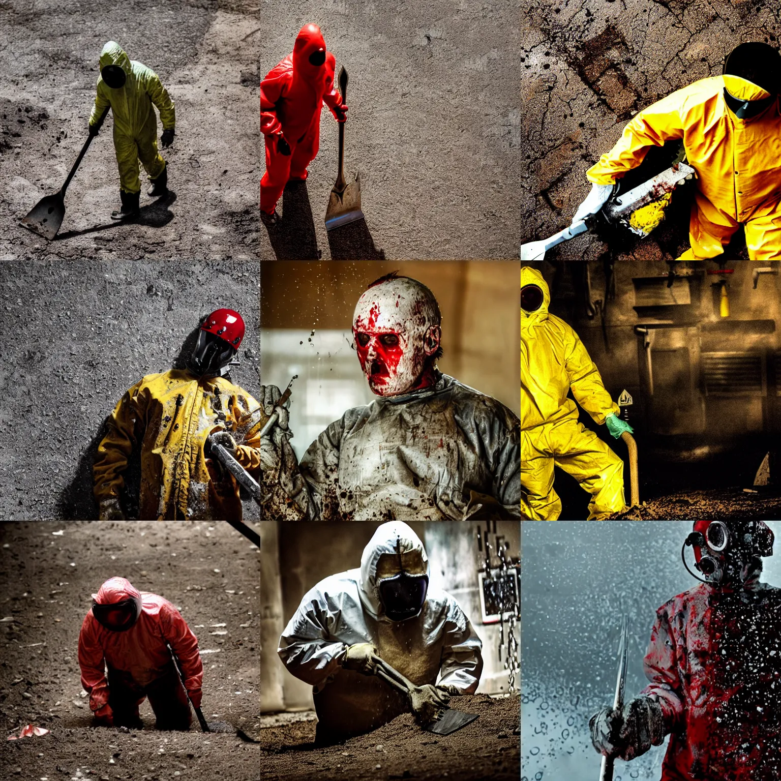 Prompt: still from the movie saw, extreme long shot, a man in a bloody hazmat suit, big shovel, low angle, skewed shot, blood, award winning photo, high detail, atmospheric, 8k