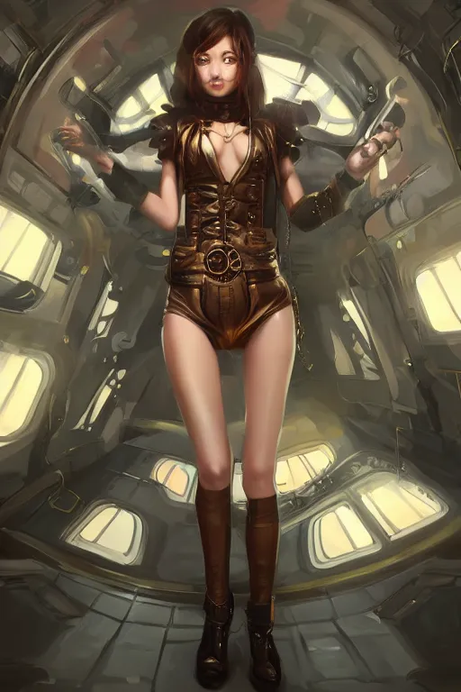 Image similar to digital art of a beautiful girl wearing a leather mini skirt in a steampunk spaceship, expressive oil painting, by wlop, by artgerm, by dan mumford, anime style, octane render, full body shot