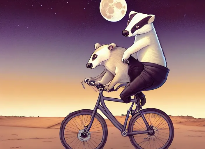 Image similar to a cell shaded cartoon badger riding a bicycle, with a big head, on a desert road, wide shot, in front of a big moon, muted colors, post grunge, josan gonzales, wlop, by james jean, victor ngai, hq, deviantart, art by artgerm