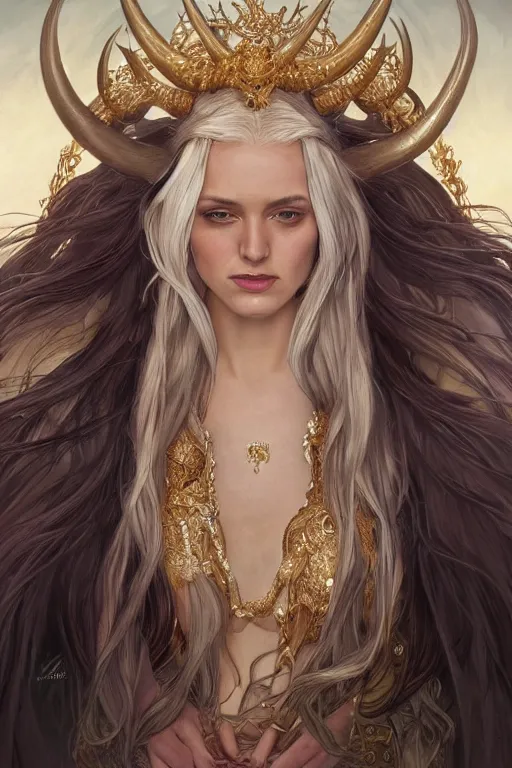 Image similar to fullbody!! of a beautiful woman with long white hair, big natural horns on her head, long flowing intricate dress, gold jewellery, dnd, face, fantasy, intricate, elegant, highly detailed, digital painting, artstation, concept art, smooth, sharp focus, illustration, art by artgerm and greg rutkowski and alphonse mucha