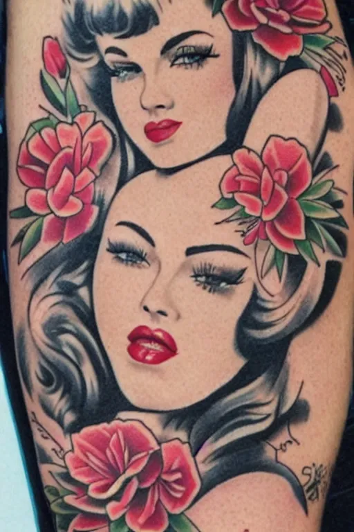 Image similar to traditional American tattoo of a pinup girl, detailed