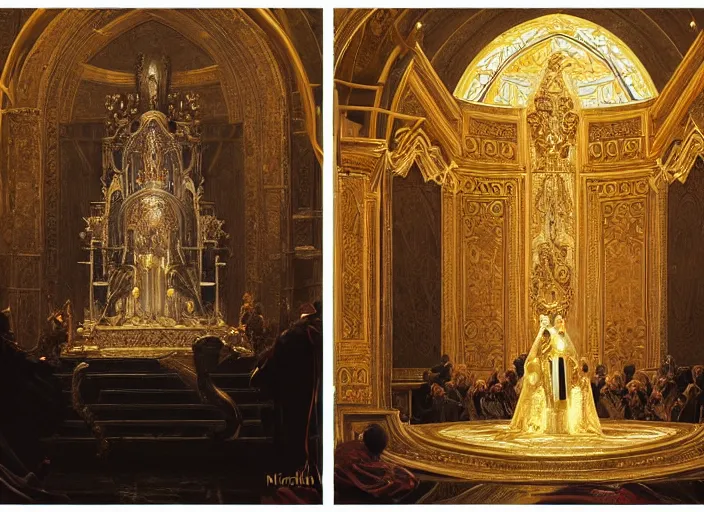 Prompt: worship of the pope, royal robe, gold trim, people in black, demons, light effect, hyper detailed, intricate, atmospheric, elegant, photorealistic by michael komarck, greg rutkowski, victo ngai, artgerm, willem claesz heda and j. dickenson