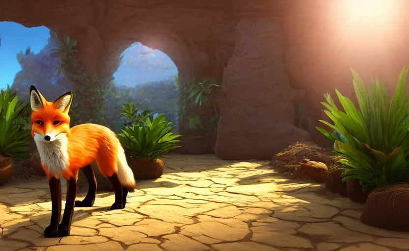 Prompt: a fox in a dessert oasis. daylight. sunlight. lens flare. light fixtures. dungeonpunk. 8K. detailed. photorealism. artstation. 35mm. ultra realistic