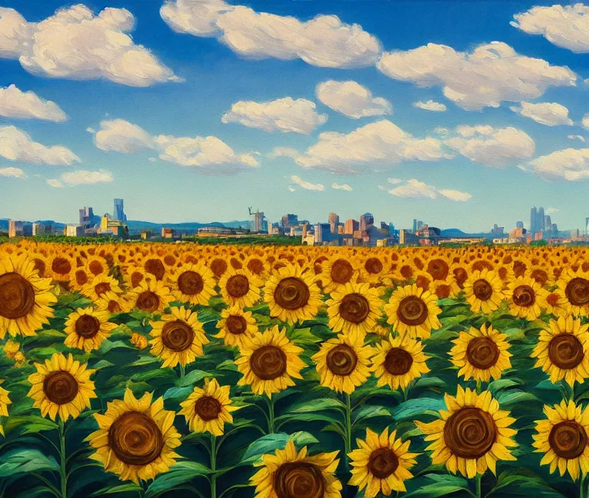 Prompt: a very detailed painting of a sunflower field, baby blue sky with very aesthetic stylized clouds, there is a city with futuristic buildings in the back, there are blue mountains in the back, in the style of edward hopper and hugo pondz, very fine brushstrokes, 4 k,