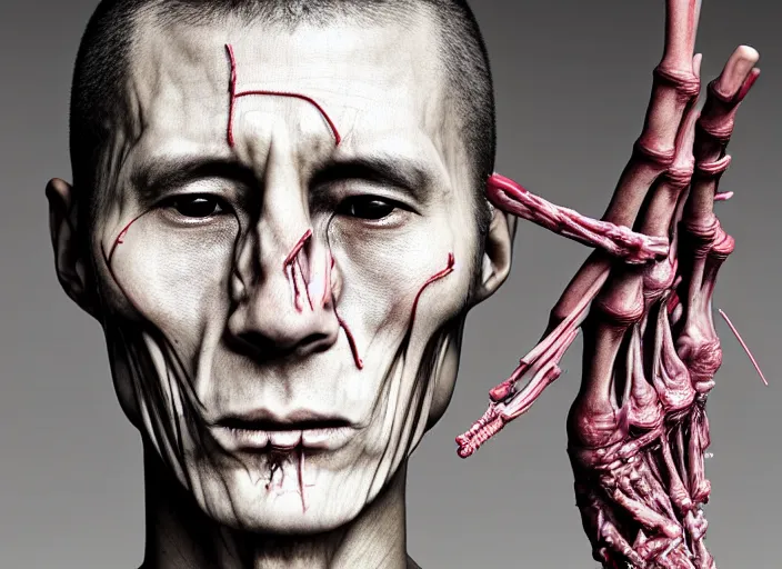 Image similar to mid shot portrait of samurai with translucent skin, visible bones and muscle and veins and nerves and internal organs, in the style of david cronenberg, high fashion, id magazine, realistic, sharp focus, 8 k high definition, film photography, photo realistic, insanely detailed, by david kostic and stanley lau and artgerm