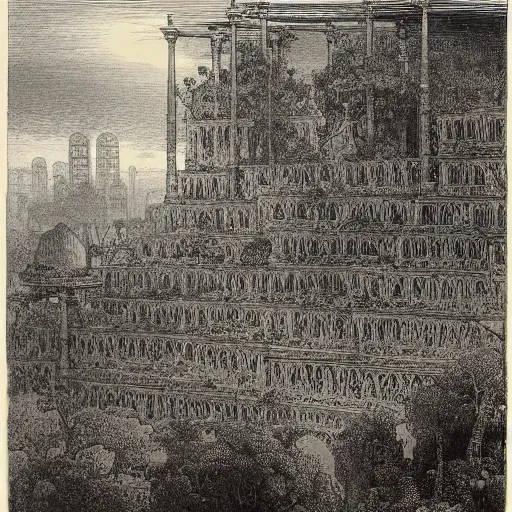 Image similar to the hanging gardens of babylon, gustave dore lithography