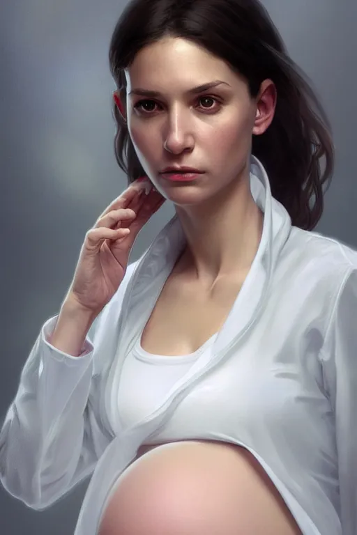 Prompt: pregnant anthony fauci in a translucent white lab coat, realistic portrait, symmetrical, highly detailed, digital painting, artstation, concept art, smooth, sharp focus, illustration, cinematic lighting, art by artgerm and greg rutkowski and alphonse mucha