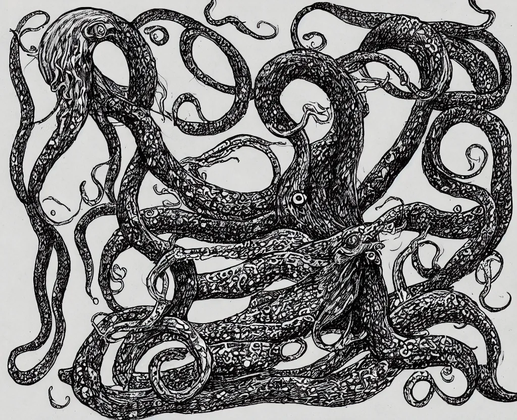 Image similar to a drawing of a giant squid with evil tentacles reaching all around the world, in the style of edward gorey