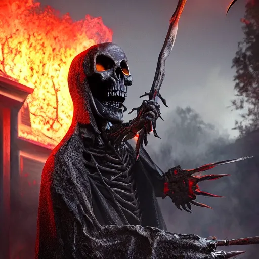 Image similar to a cloaked skeleton demon holding a spear watching a house on fire, firestorm, highly detailed digital art, cinematic, hyper realism, oil on canvas, trending on Artstation, octane render