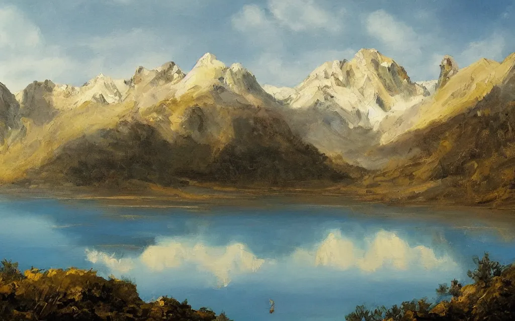 Image similar to a beautiful painting of a serene landscape with a lake in the foreground and jagged mountains in the background